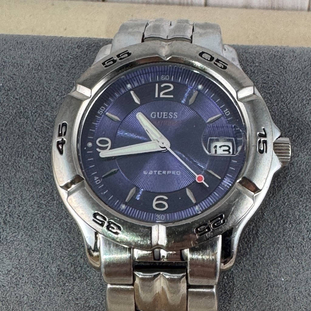 Vintage Guess Watch Mans Guilloche Enameled Blue Dial Luminous Hands And Accents Vintage Guess Watch Mans Guilloche Enameled Blue Dial Luminous Hands And Accents